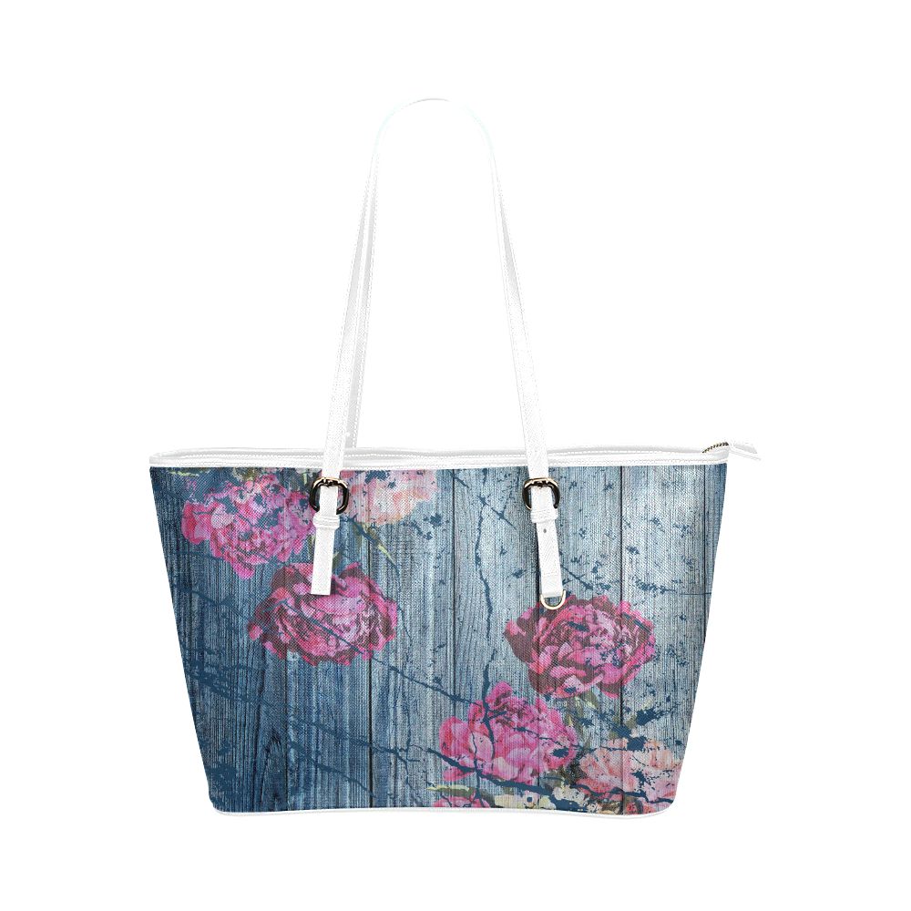 Shabby chic with painted peonies Leather Tote Bag/Small (Model 1651)