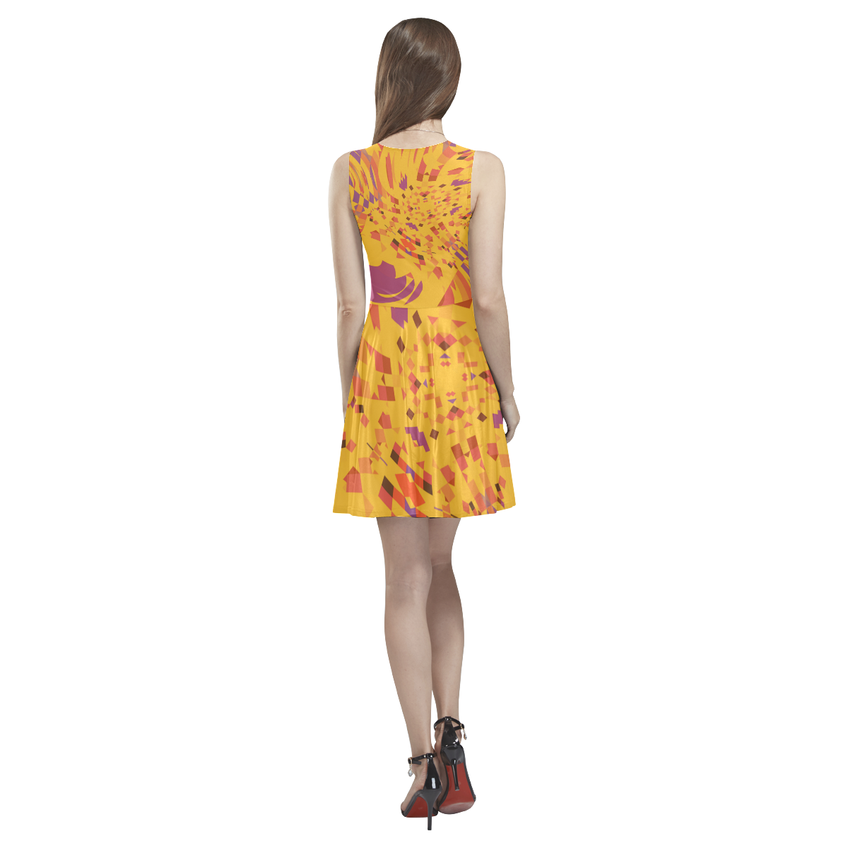 Golden Yellow Autumn Abstract Thea Sleeveless Skater Dress(Model D19)