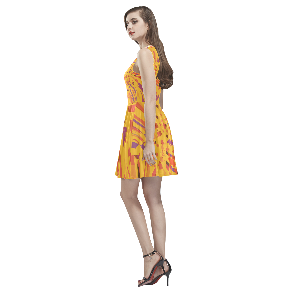 Golden Yellow Autumn Abstract Thea Sleeveless Skater Dress(Model D19)