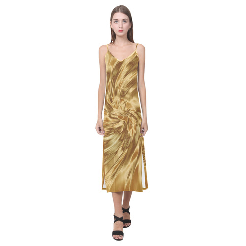 Golden copper silk look alike V-Neck Open Fork Long Dress(Model D18)