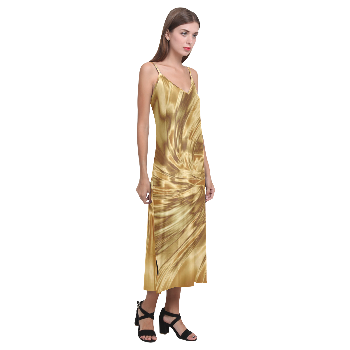 Golden copper silk look alike V-Neck Open Fork Long Dress(Model D18)