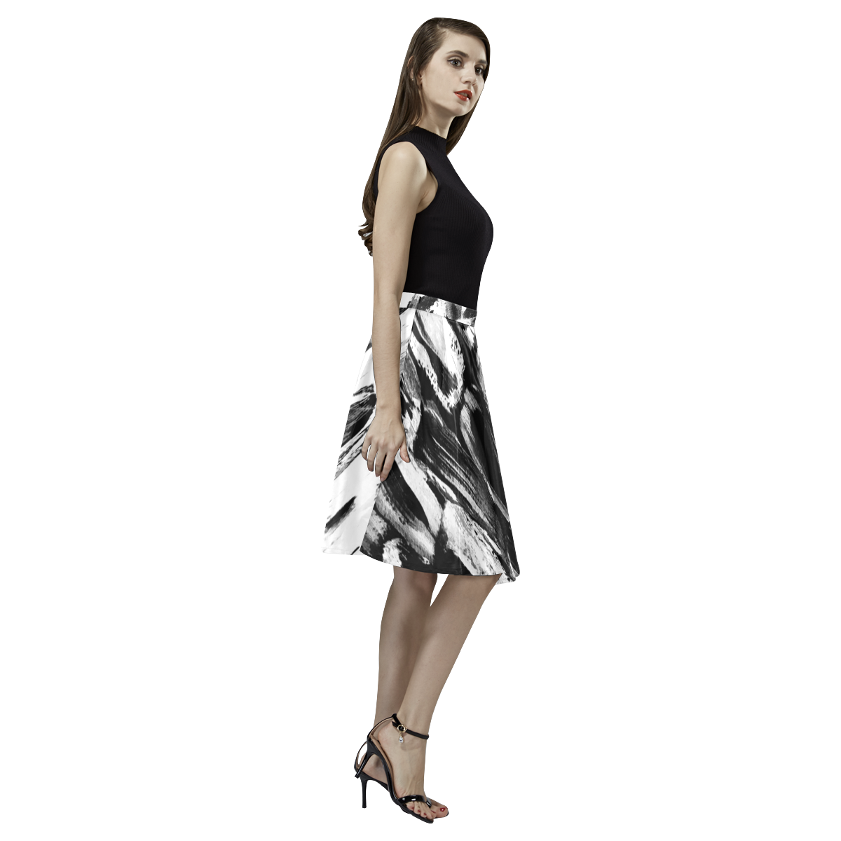 Black and White Sugarcane Melete Pleated Midi Skirt (Model D15)
