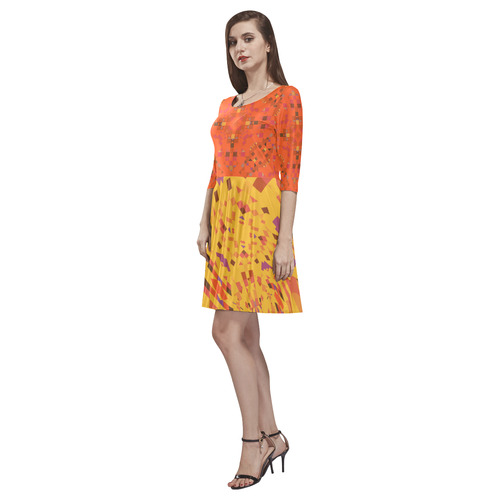 Fun Stylish Orange and Yellow Mosaic Tethys Half-Sleeve Skater Dress(Model D20)