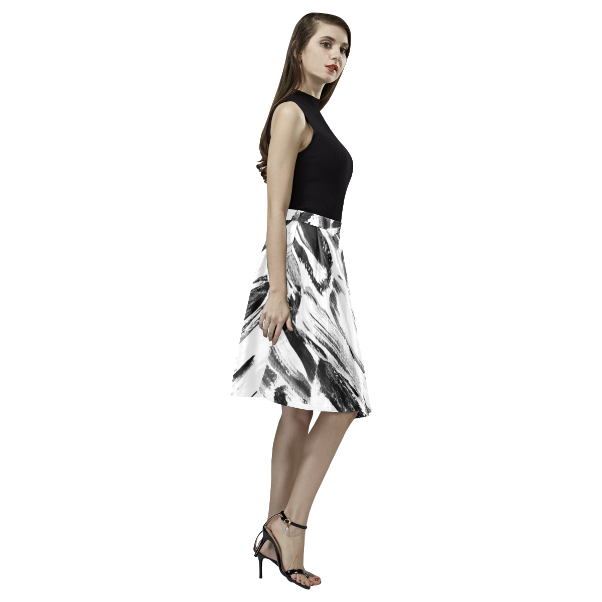 Black and White Sugarcane Melete Pleated Midi Skirt (Model D15)