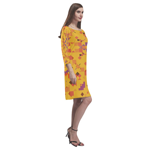 Autumn Yellow and Orange Geometric Mosaic Rhea Loose Round Neck Dress(Model D22)