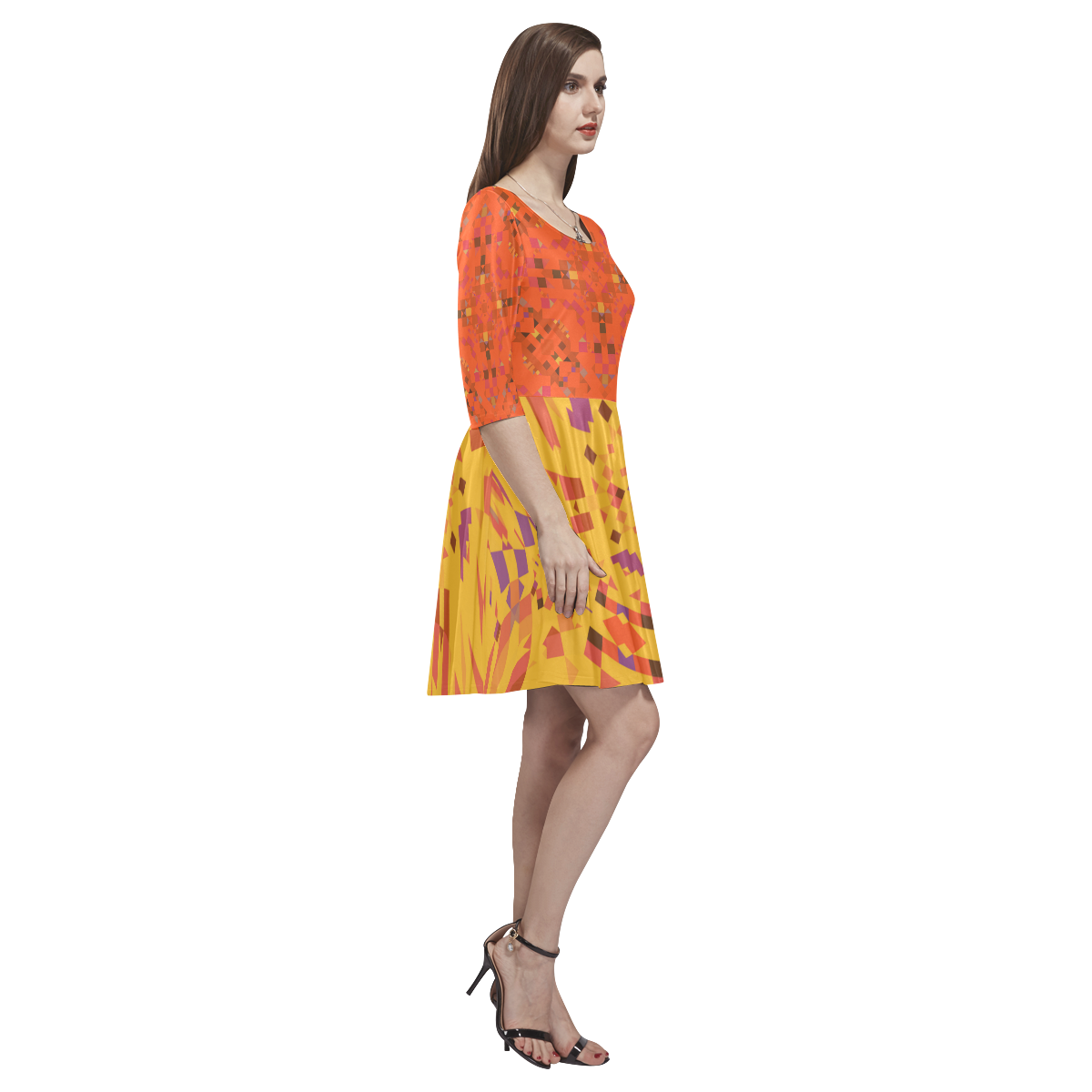 Fun Stylish Orange and Yellow Mosaic Tethys Half-Sleeve Skater Dress(Model D20)