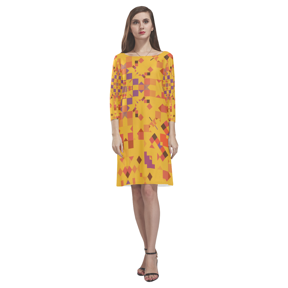 Autumn Yellow and Orange Geometric Mosaic Rhea Loose Round Neck Dress(Model D22)