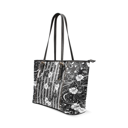 Black White Flower Stripe Leather Tote Bag/Small (Model 1640)