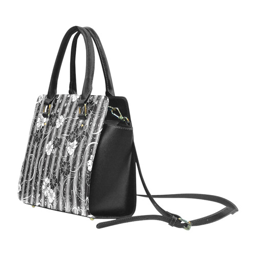 Black White Flower Stripe Classic Shoulder Handbag (Model 1653)
