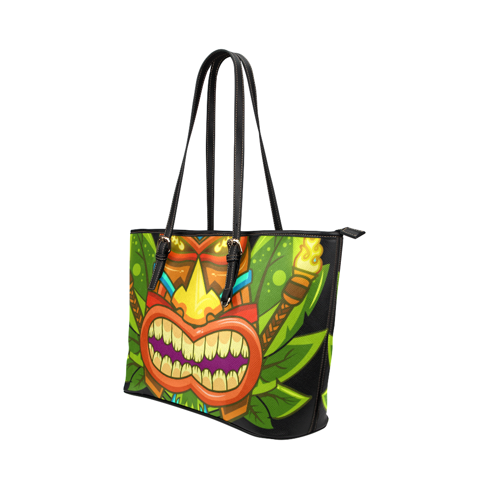 Hawaiian Tropical Tiki Mask Floral Leather Tote Bag/Small (Model 1651)
