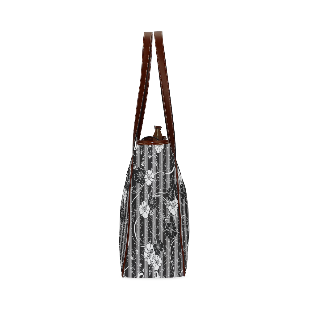 Handbag Black White Flower Stripe Classic Tote Bag (Model 1644)