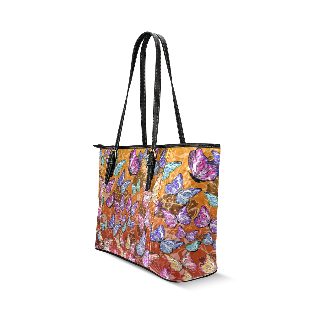 Fall Leaf Colorful Butterflies Leather Tote Bag/Small (Model 1640)