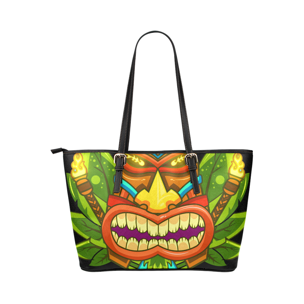 Hawaiian Tropical Tiki Mask Floral Leather Tote Bag/Small (Model 1651)