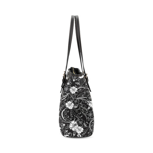 Black White Flower Stripe Leather Tote Bag/Small (Model 1640)