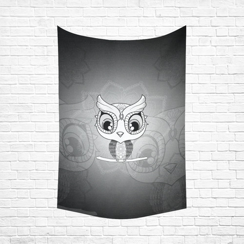 Cute owl, mandala design black and white Cotton Linen Wall Tapestry 60"x 90"