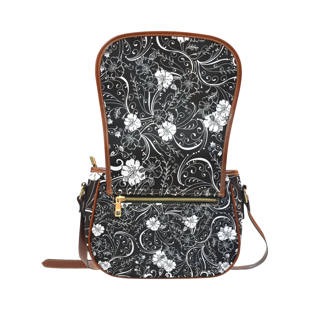 Black White Flower Juleez Saddle Bag/Small (Model 1649) Full Customization