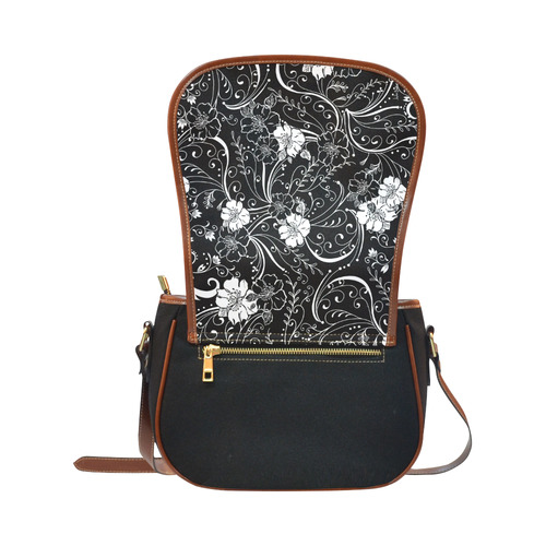 Black White Flower Juleez Saddle Bag/Small (Model 1649)(Flap Customization)