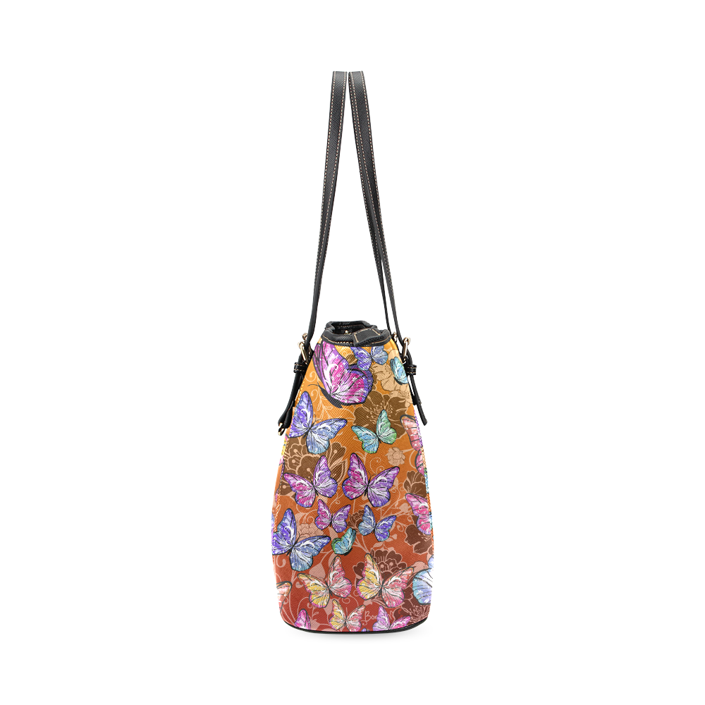 Fall Leaf Colorful Butterflies Leather Tote Bag/Small (Model 1640)