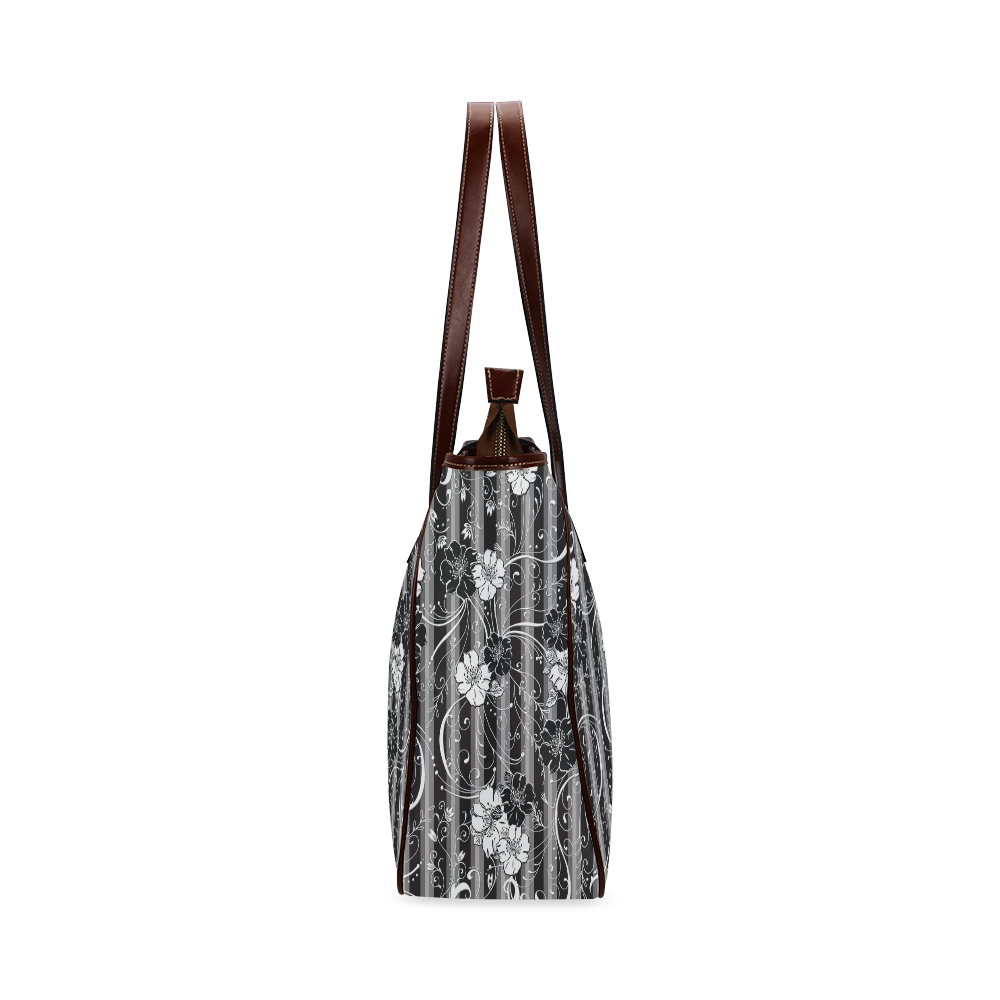Handbag Black White Flower Stripe Classic Tote Bag (Model 1644)