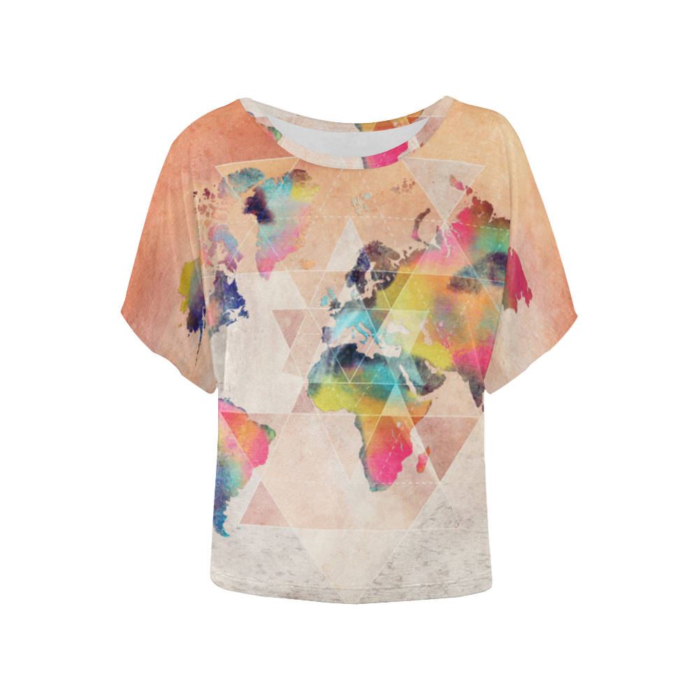 world map Women's Batwing-Sleeved Blouse T shirt (Model T44)
