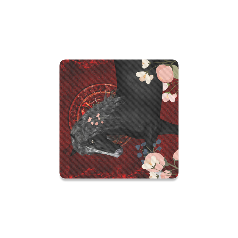 Black horse with flowers Square Coaster