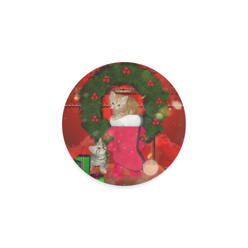 Christmas, funny kitten with gifts Round Coaster