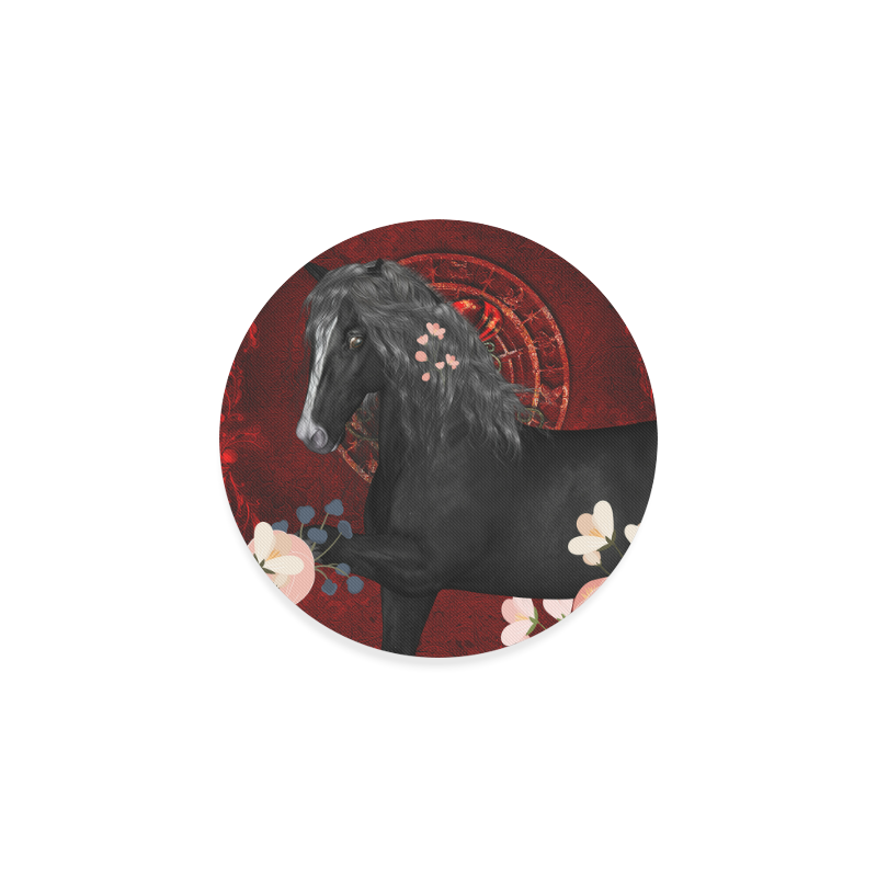 Black horse with flowers Round Coaster