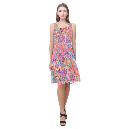 Drop Waist Coral Butterfly Print Juleez Sleeveless Splicing Shift Dress(Model D17)