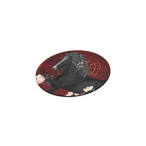 Black horse with flowers Round Coaster