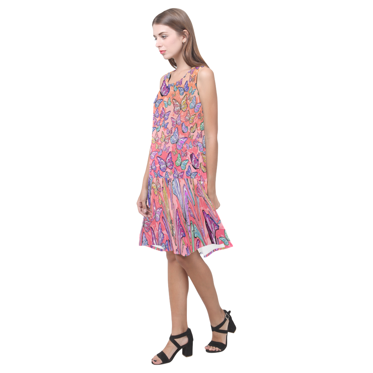 Butterfly Color Drip Drop Waist Dress Sleeveless Splicing Shift Dress(Model D17)