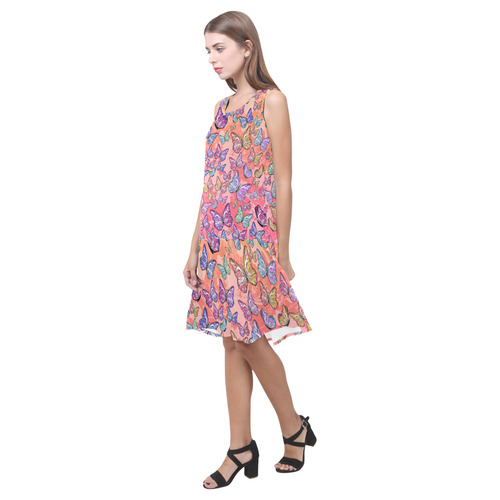 Drop Waist Coral Butterfly Print Juleez Sleeveless Splicing Shift Dress(Model D17)