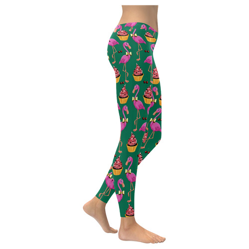 Rockabilly Flamingo Fantasy - green Women's Low Rise Leggings (Invisible Stitch) (Model L05)