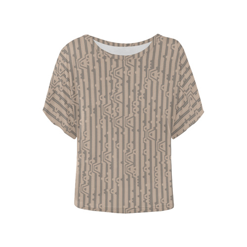 Beige Techie Stripe Women's Batwing-Sleeved Blouse T shirt (Model T44)