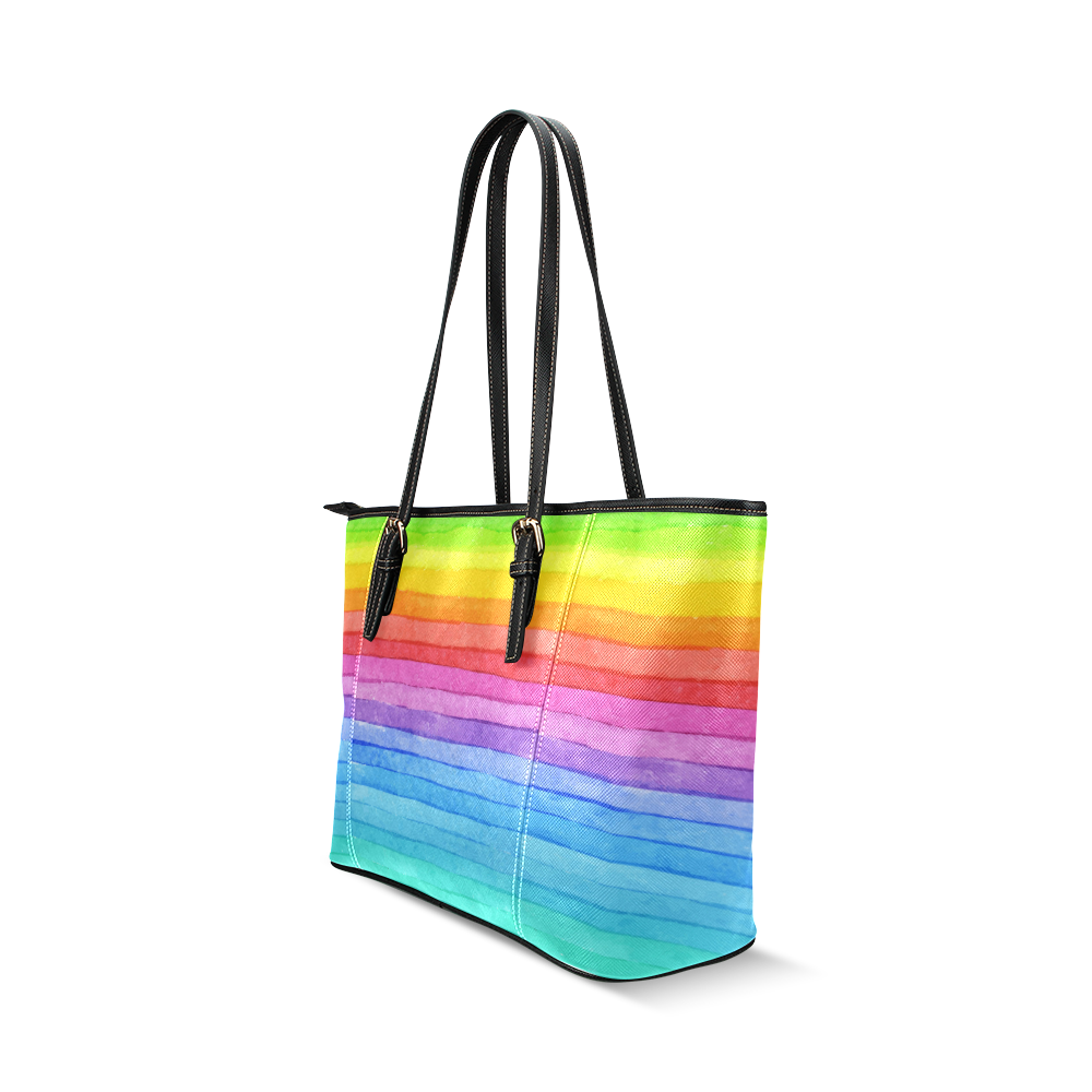 Watercolor Rainbow Leather Tote Bag/Small (Model 1640)