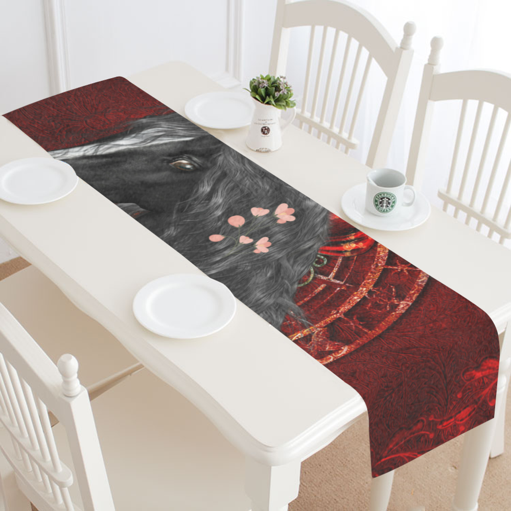Black horse with flowers Table Runner 16x72 inch