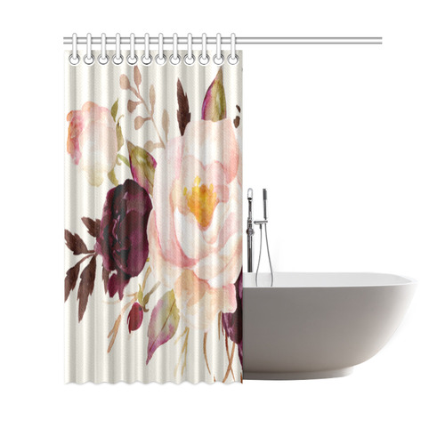 Burgundy Red Pink Roses Floral Watercolor Shower Curtain 69"x70"