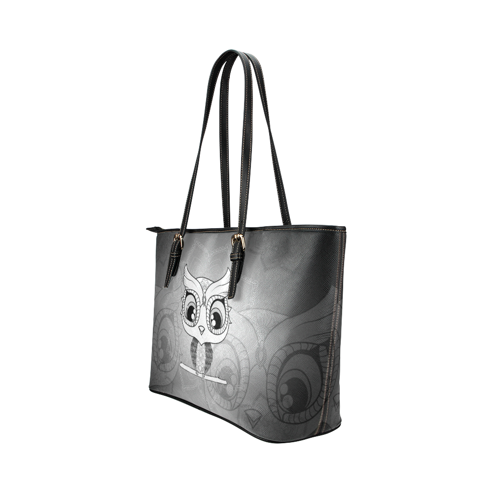 Cute owl, mandala design black and white Leather Tote Bag/Small (Model 1651)
