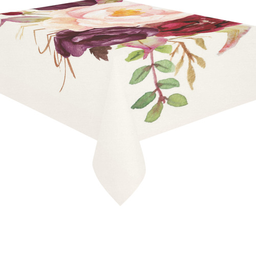 Burgundy Red Pink Roses Floral Watercolor Cotton Linen Tablecloth 60"x 84"