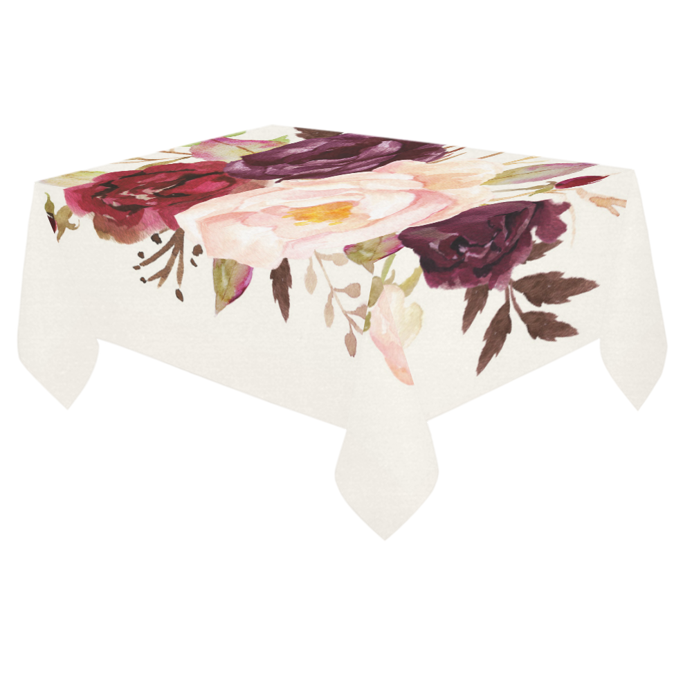 Burgundy Red Pink Roses Floral Watercolor Cotton Linen Tablecloth 60"x 84"