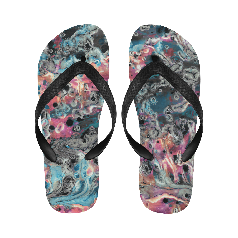 Acryl Paint Flowing Brushe Strokes Cyan Salmon Bla Flip Flops for Men/Women (Model 040)