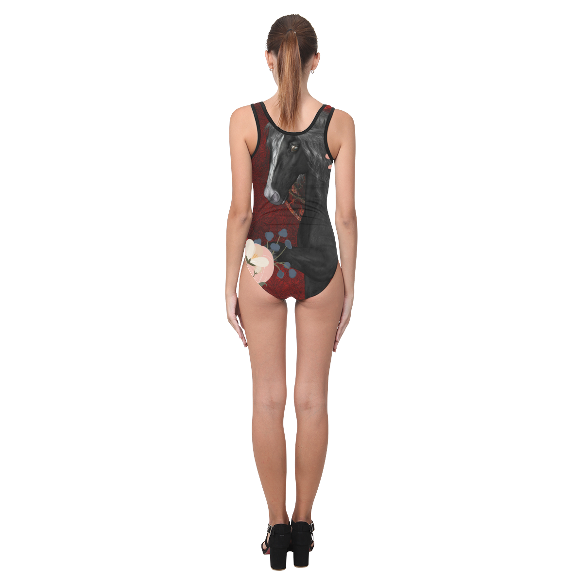 Black horse with flowers Vest One Piece Swimsuit (Model S04)