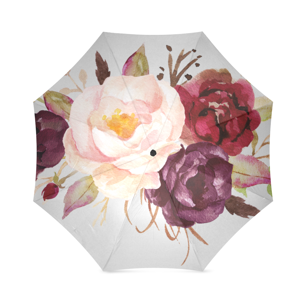 Burgundy Pink Watercolor Roses Floral Foldable Umbrella (Model U01)