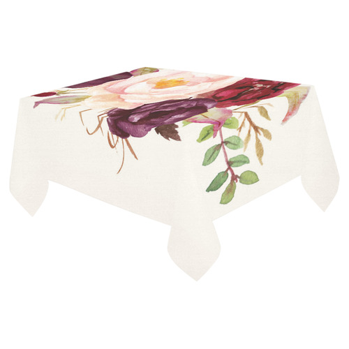 Burgundy Red Pink Roses Floral Watercolor Cotton Linen Tablecloth 52"x 70"