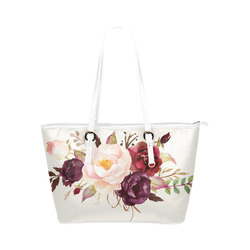 Burgundy Red Pink Roses Floral Watercolor Leather Tote Bag/Small (Model 1651)