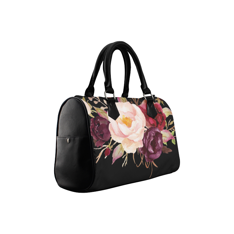 Burgundy Pink Watercolor Roses Floral Boston Handbag (Model 1621)