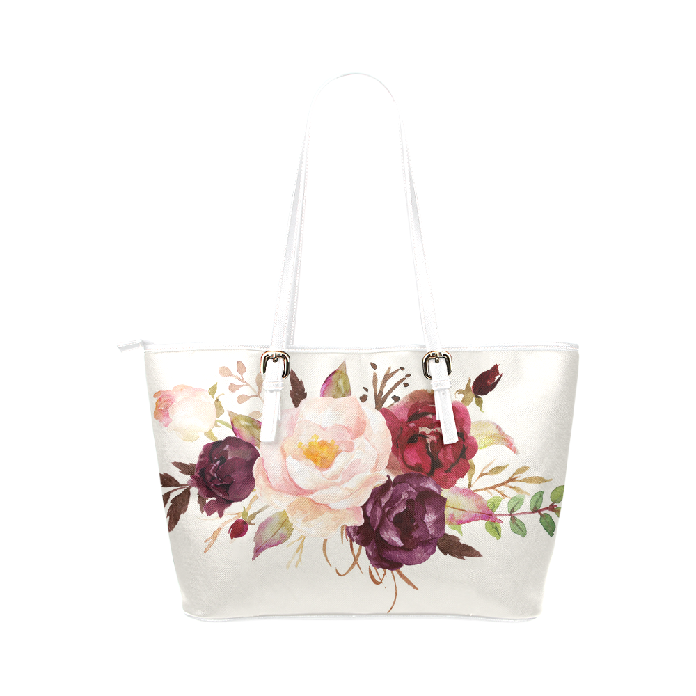Burgundy Red Pink Roses Floral Watercolor Leather Tote Bag/Small (Model 1651)
