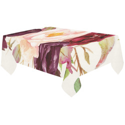 Burgundy Red Pink Roses Floral Watercolor Cotton Linen Tablecloth 60"x120"