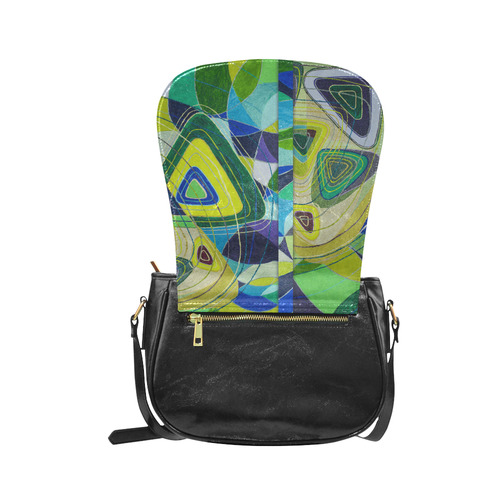 Abstract Geometric Fabric Painting Blue Green Classic Saddle Bag/Large (Model 1648)