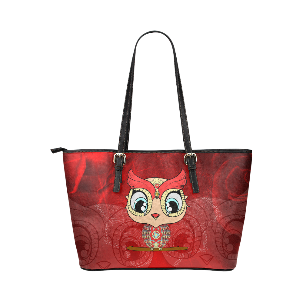 Cute owl, mandala design colorful Leather Tote Bag/Small (Model 1651)