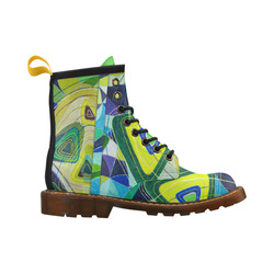 Abstract Geometric Fabric Painting Blue Green High Grade PU Leather Martin Boots For Men Model 402H